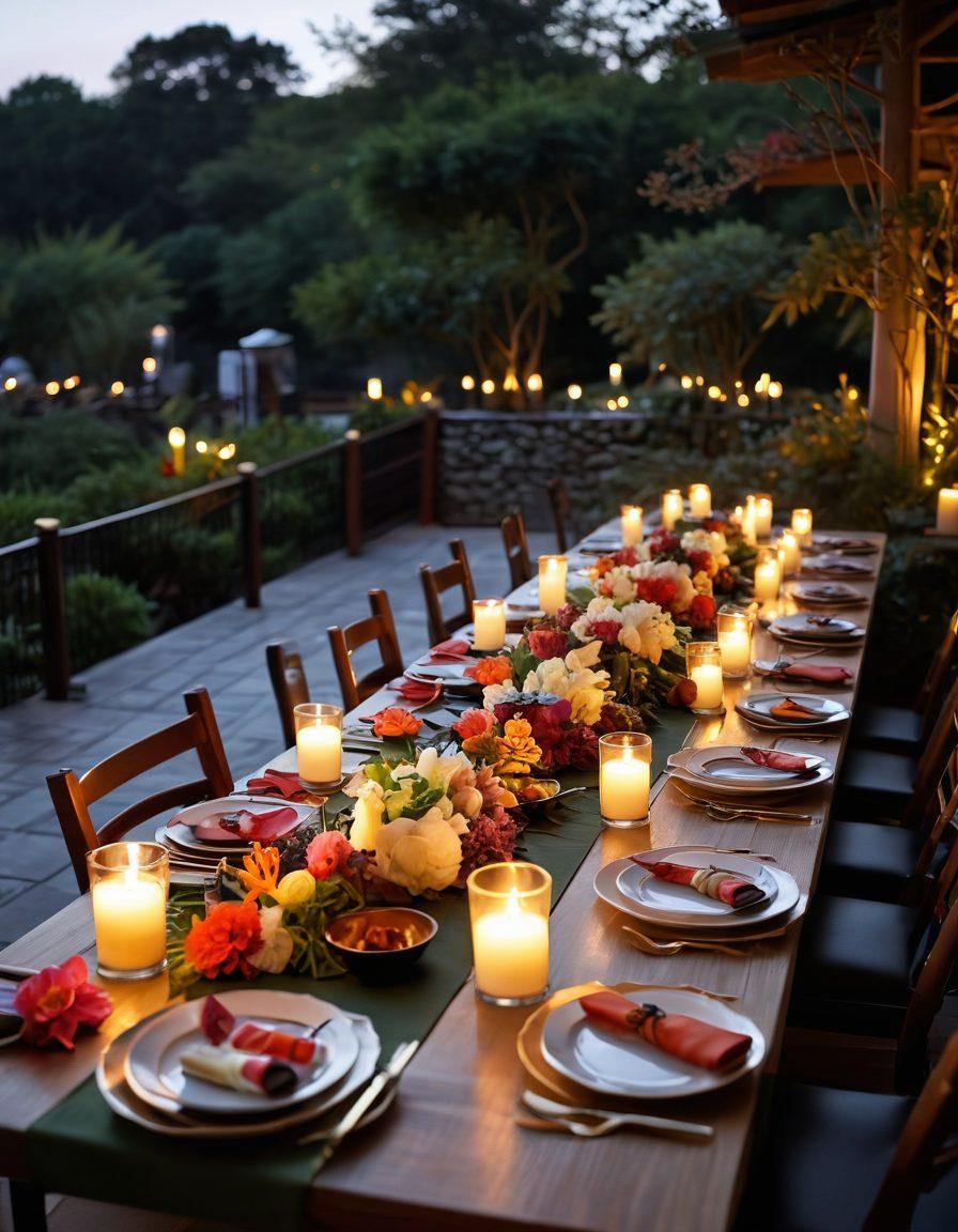 A beautifully set dinner table adorned with elegant candles and delicate floral arrangements, featuring an array of colorful Asian dishes like sushi, dumplings, and stir-fry. Soft, warm lighting enhances the romantic ambiance, while a background of a serene outdoor setting at twilight adds to the mood. Include subtle Asian decor elements like chopsticks and ornate plates. super-realistic. warm tones. outdoor setting.