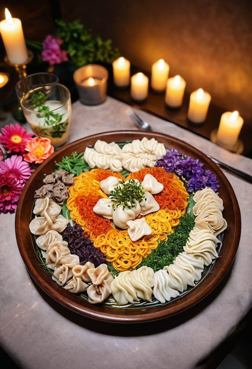 A beautifully arranged table with a steaming bowl of colorful noodles and a platter of delicate dumplings, surrounded by romantic candlelight. Heart-shaped noodles and dumplings elegantly placed to symbolize love, with fresh herbs and edible flowers garnishing the dishes. Soft, warm lighting enhances the intimate atmosphere, invoking feelings of romance and celebration. The background features a cozy dining setting decorated with fairy lights. super-realistic. vibrant colors. warm tones.