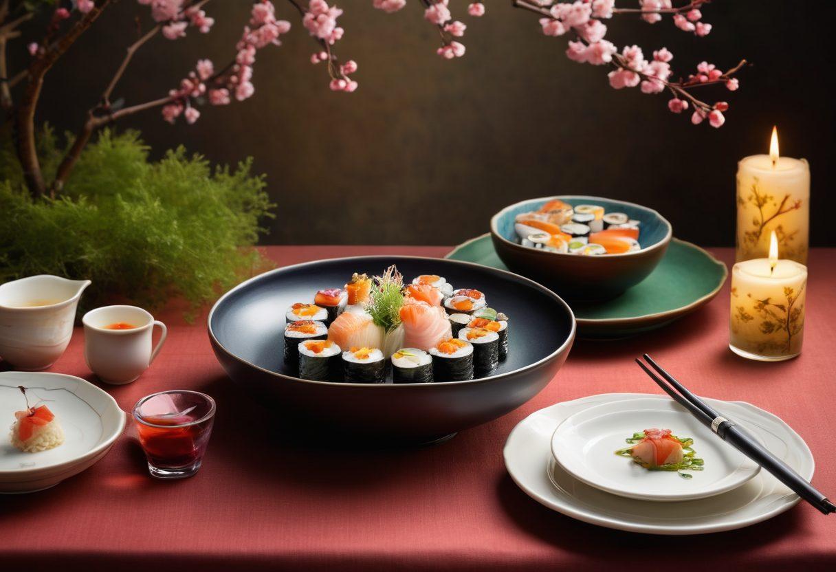 A beautifully set intimate table for two, adorned with traditional Asian dinnerware, featuring exquisite sushi and vibrant stir-fried dishes. Soft candlelight casts a romantic glow, with lush greenery and delicate cherry blossoms in the background, symbolizing love and elegance. The atmosphere is warm and inviting, with a touch of culinary artistry reflected in the plating. super-realistic. vibrant colors. elegant ambiance.